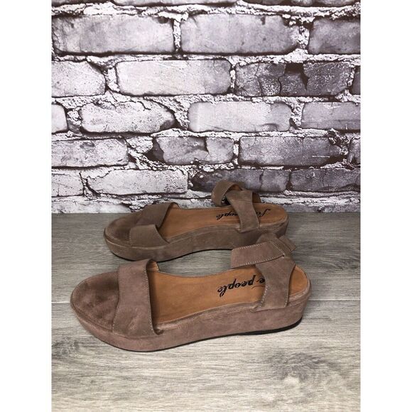 Free People Plum Taupe Suede Platform Ankle Strap Sandals Women Sz 38EU/7.5M US - Picture 1 of 16